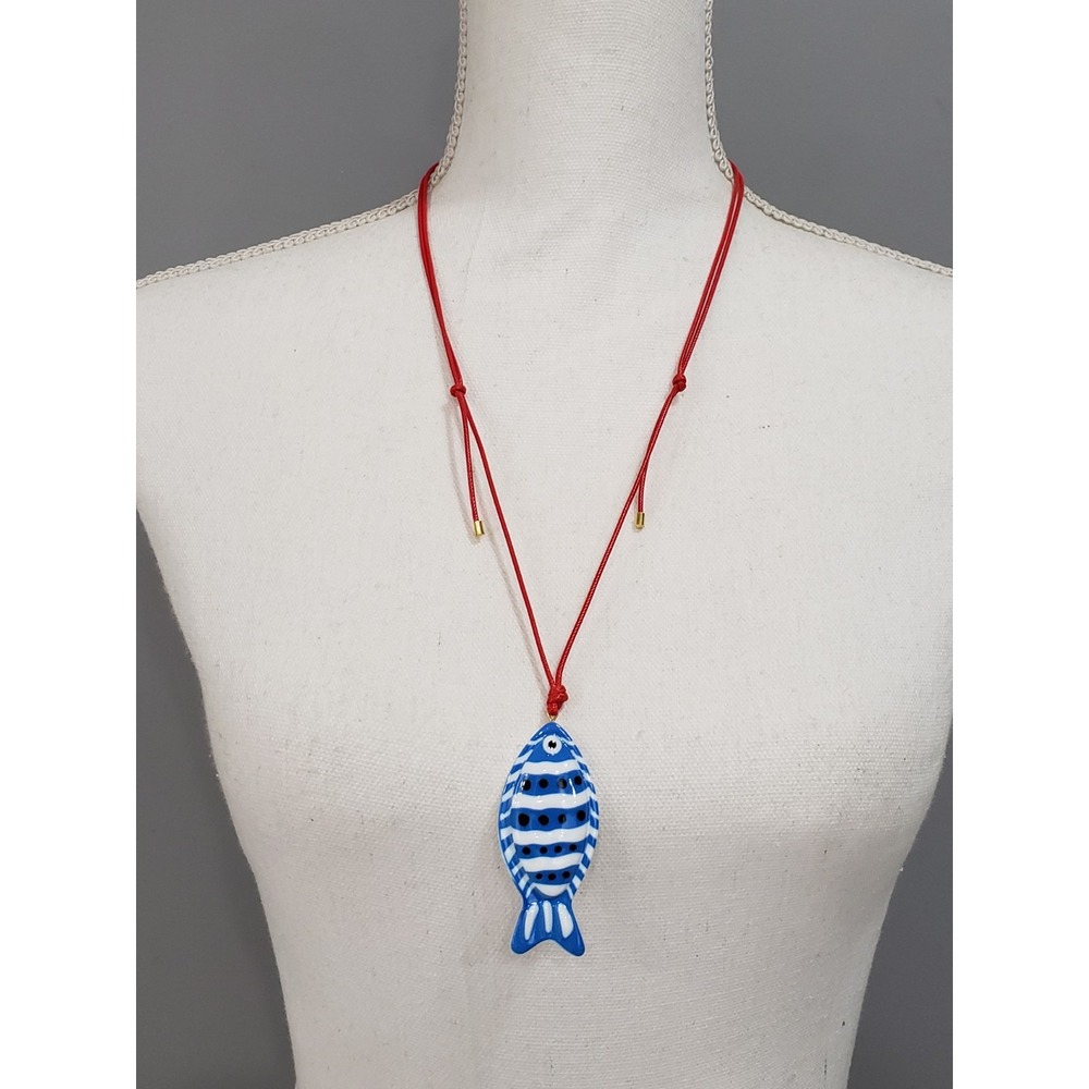 MAYAMAR ADJUSTABLE Red CORD NECKLACE FISH STRIPED BLUE WHITE Nautical Cruise